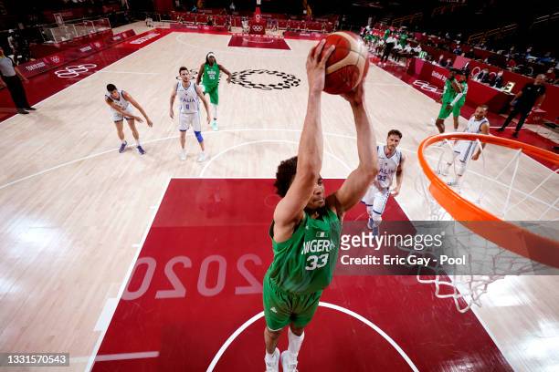 Jordan Nwora of Team Nigeria dunks against Italy during the second half of a Men's Basketball Preliminary Round Group B game on day eight of the...