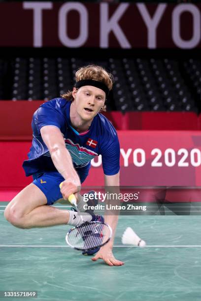 Anders Antonsen of Team Denmark competes against Anthony Sinisuka Ginting of Team Indonesia during a Men's Singles Quarterfinal match on day eight of...