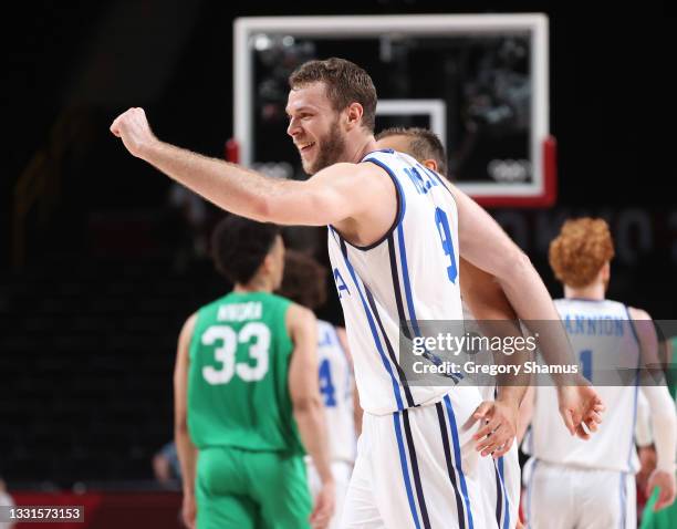 Nicolo Melli of Team Italy celebrate a win Nigeria following a Men's Basketball Preliminary Round Group B game on day eight of the Tokyo 2020 Olympic...