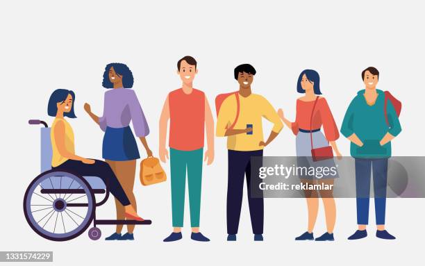 illustrations, cliparts, dessins animés et icônes de concept d’un groupe de personnes à l’air heureux et d’une personne handicapée. une illustration vectorielle de divers personnages de sexe, d’origine ethnique et de condition physique différents, ensemble vectoriel plat de personnes. - groupe heureux