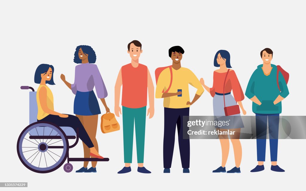 Concept of a group of happy looking people and a disabled person. A vector illustration of various characters of different gender, ethnicity and physical condition, flat vector set of people.