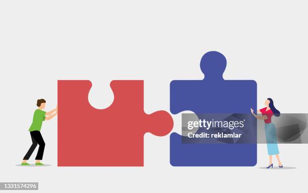 teamwork concept, people connecting piece puzzle elements. business leadership, partnership illustration. man and woman working together with giant puzzle elements. symbol of partnership and cooperation. - two people stock illustrations