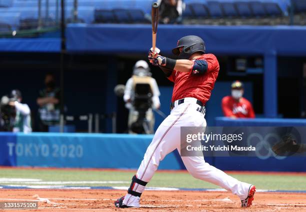 Seiya Suzuki of Team Japan bats in the first inning against Team Mexico during the baseball opening round Group A game on day eight of the Tokyo 2020...