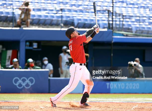 Seiya Suzuki of Team Japan bats in the ninth inning against Team Mexico during the baseball opening round Group A game on day eight of the Tokyo 2020...