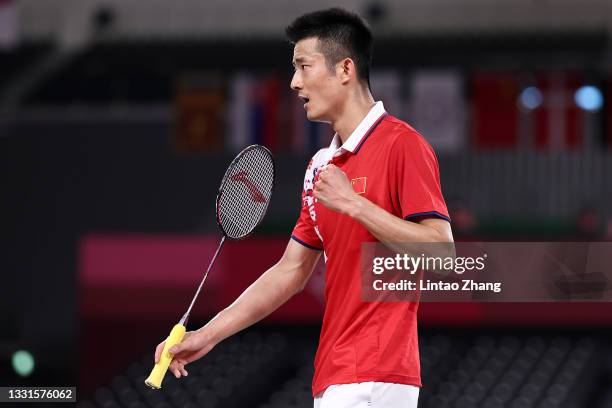 Chen Long of Team China reacts as he competes against Chou Tien-chen of Team Chinese Taipei during a Men's Singles Quarterfinal match on day eight of...