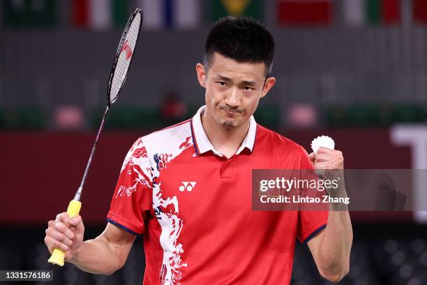 Chen Long of Team China celebrates as he wins against Chou Tien-chen of Team Chinese Taipei during a Men's Singles Quarterfinal match on day eight of...