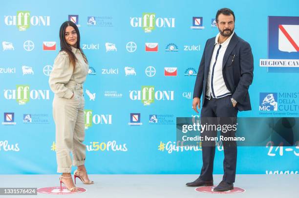 Pina Turco and Edoardo De Angelis attend the photocall at the Giffoni Film Festival 2021 on July 30, 2021 in Giffoni Valle Piana, Italy.