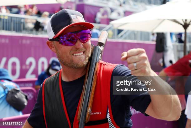 Bronze Medalist Brian Burrows of Team United States celebrates following the Trap Mixed Team Bronze Medal Match on day eight of the Tokyo 2020...