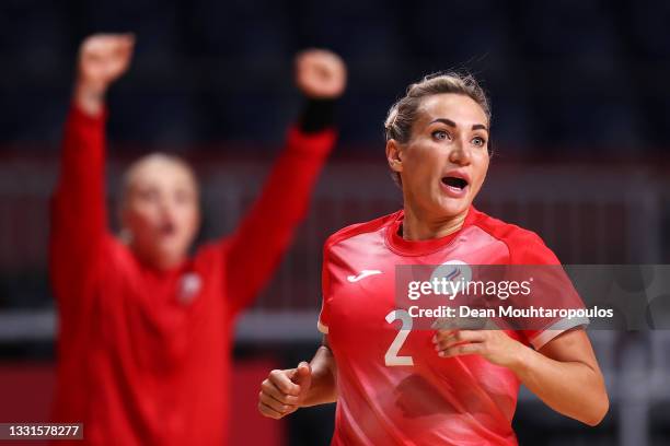 Polina Kuznetsova of Team ROC celebrates after scoring a goal during the Women's Preliminary Round Group B handball match between ROC and France on...
