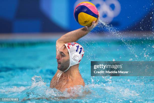 Paulo Obradovic of Team Croatia on attack during the Men's Preliminary Round Group B match between Croatia and Serbia on day eight of the Tokyo 2020...