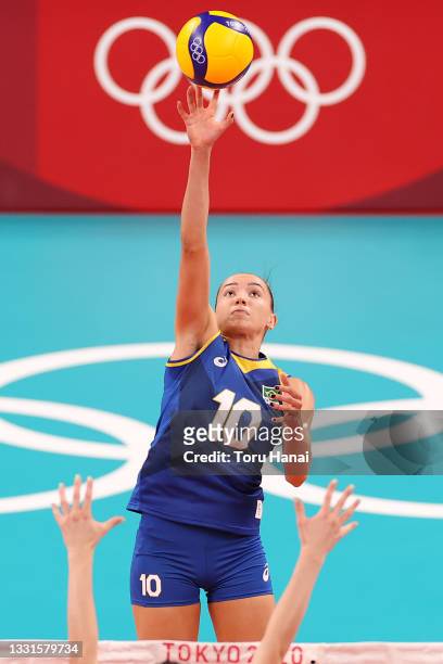 Gabriela Braga Guimaraes of Team Brazil strikes against Team Serbia during the Women's Preliminary - Pool A volleyball on day eight of the Tokyo 2020...