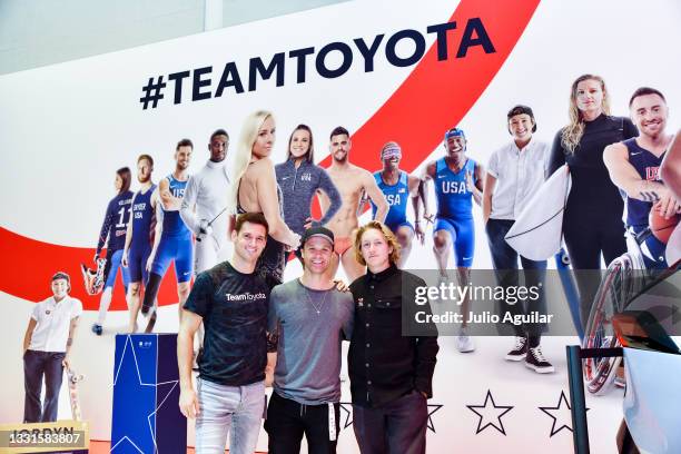Team Toyota athletes Jarryd Wallace, Louie Vito, and Red Gerard pose for a picture at the Tokyo 2020 Olympic Games Experience and Viewing Party at...