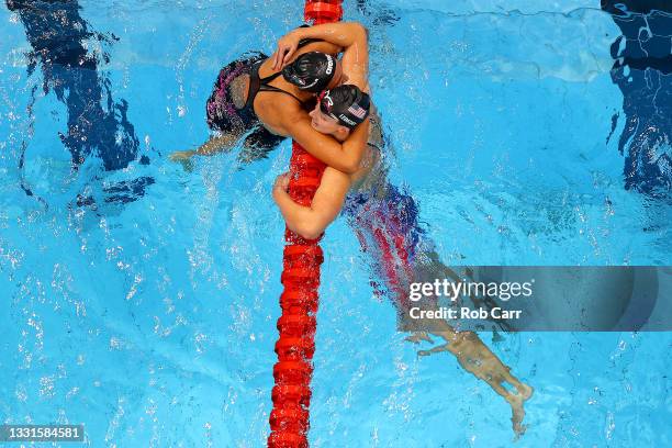 Bronze medalist Simona Quadarella of Team Italy congratulates gold medalist Katie Ledecky of Team United States after competing in the Women's 800m...