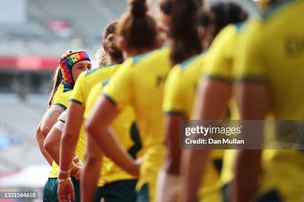 Sharni Williams of Team Australia leads out Team Australia in the Women’s Placing 5-6 match between Team Australia and Team United States during the...