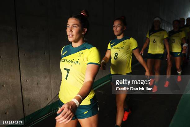 Charlotte Caslick of Team Australia prepares to take the field with team mates in the Women’s Placing 5-6 match between Team Australia and Team...