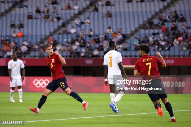 Dani Olmo of Team Spain celebrates after scoring their side's first goal during the Men's Quarter Final match between Spain and Cote d'Ivoire on day...