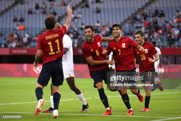 Mikel Oyarzabal of Team Spain celebrates with teammates Mikel Merino and Marco Asensio after scoring a goal that is later disallowed by VAR during...