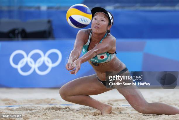 Megumi Murakami of Team Japan competes against Team Spain during the Women's Lucky Loser beach volleyball on day eight of the Tokyo 2020 Olympic...