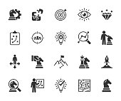 Vector set of business strategy flat icons. Contains icons tactic, plan, target audience, research, problem, path, direction and more. Pixel perfect.