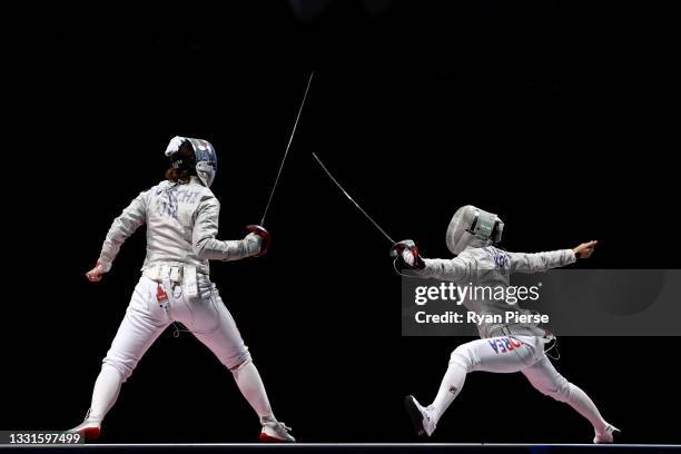 Irene Vecchi of Team Italy competes against Jiyeon Kim of Team Republic of Korea during the Women's Sabre Team Fencing Bronze Medal Match on day...