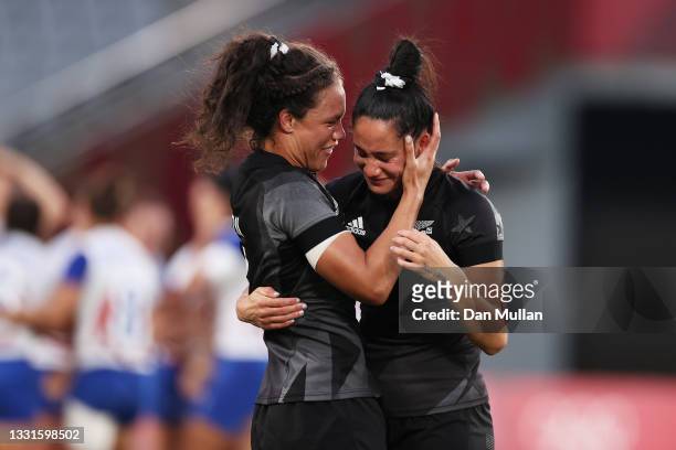 Ruby Tui and Shiray Kaka of Team New Zealand celebrate after defeating Team France in the Women’s Gold Medal match between Team New Zealand and Team...