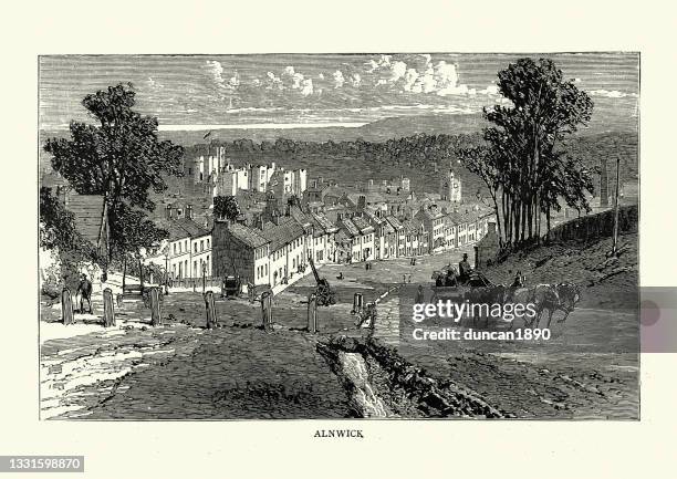 stockillustraties, clipart, cartoons en iconen met alnwick a market town in northumberland, england, victorian, 19th century - noordoost engeland