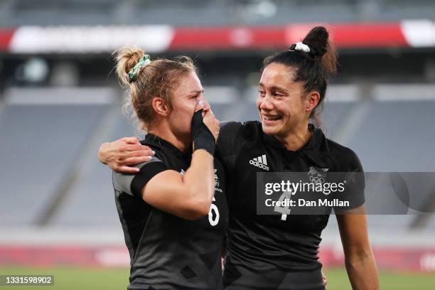 Michaela Blyde and Shiray Kaka of Team New Zealand celebrate after defeating Team France in the Women’s Gold Medal match between Team New Zealand and...