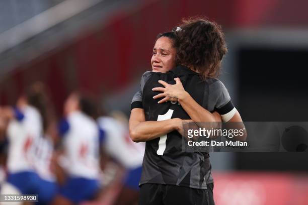 Shiray Kaka and Ruby Tui of Team New Zealand celebrate after defeating Team France in the Women’s Gold Medal match between Team New Zealand and Team...