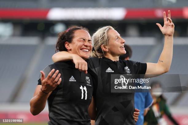 Portia Woodman and Kelly Brazier of Team New Zealand celebrate after defeating Team France in the Women’s Gold Medal match between Team New Zealand...