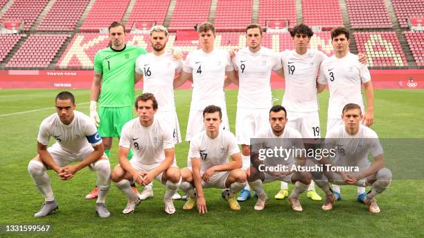 Players of Team New Zealand pose for a team photograph prior to the Men's Quarter Final match between Japan and New Zealand on day eight of the Tokyo...