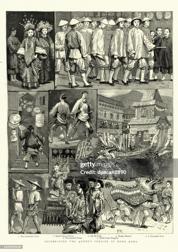 Chinese dragon procession, traditional costumes, Hong Kong, 19th Century