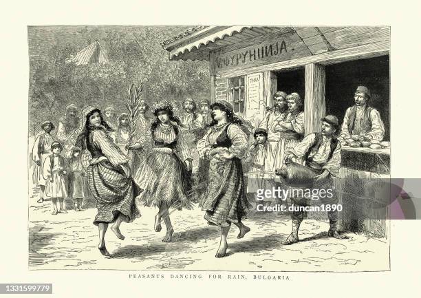 peasant women dancers performing a bulgarian rain dance, bulgaria, 19th century - bulgaria dance stock illustrations