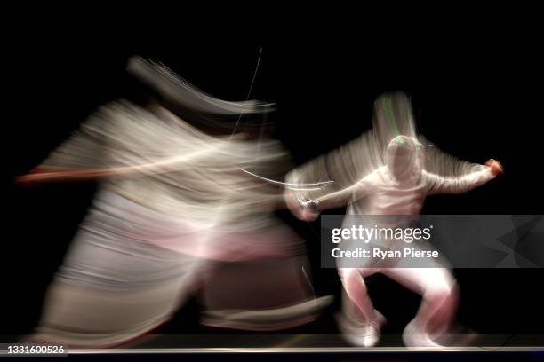Irene Vecchi of Team Italy competes against Jisu Yoon of Team Republic of Korea during the Women's Sabre Team Fencing Bronze Medal Match on day eight...
