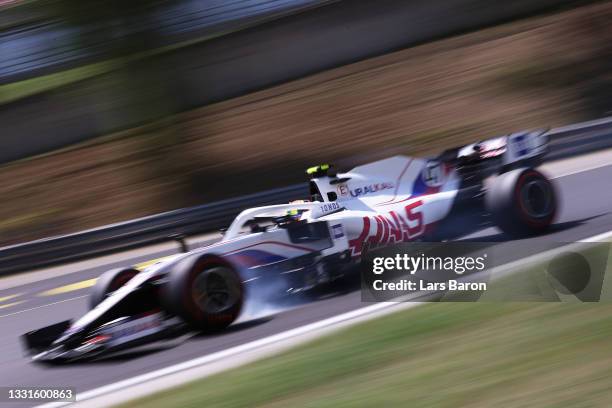 Mick Schumacher of Germany driving the Haas F1 Team VF-21 Ferrari during final practice ahead of the F1 Grand Prix of Hungary at Hungaroring on July...