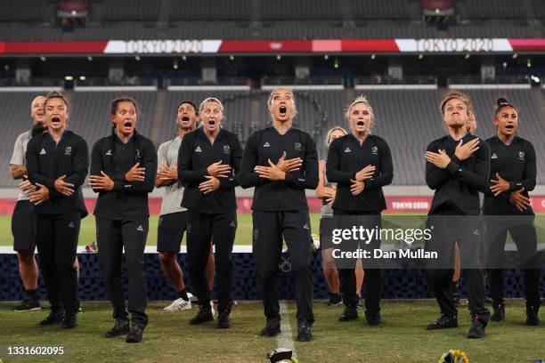 Gold medalists Team New Zealand perform the haka led by Sarah Hirini of Team New Zealand with their gold medals during the Women’s Rugby Sevens Medal...