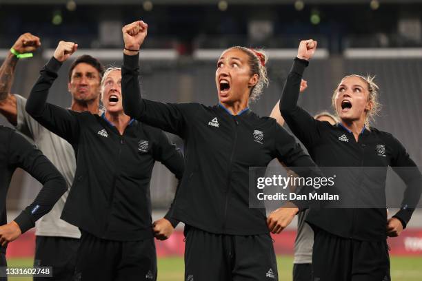 Gold medalists Team New Zealand perform the haka led by Sarah Hirini of Team New Zealand with their gold medals during the Women’s Rugby Sevens Medal...