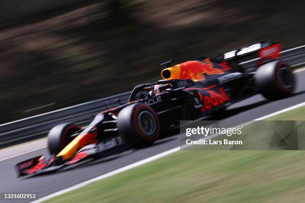 Max Verstappen of the Netherlands driving the Red Bull Racing RB16B Honda during final practice ahead of the F1 Grand Prix of Hungary at Hungaroring...