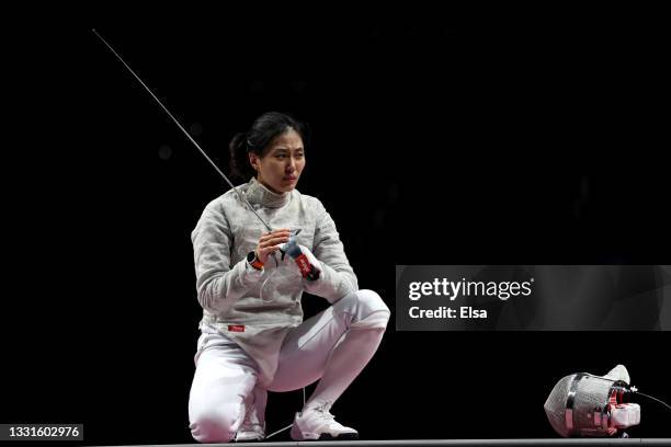 Jiyeon Kim of Team Republic of Korea celebrates after winning the Women's Sabre Team Fencing Bronze Medal Match on day eight of the Tokyo 2020...