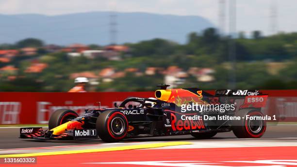 Max Verstappen of the Netherlands driving the Red Bull Racing RB16B Honda during final practice ahead of the F1 Grand Prix of Hungary at Hungaroring...