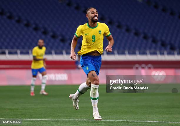 Matheus Cunha of Team Brazil celebrates after scoring their side's first goal during the Men's Quarter Final between Brazil and Egypt on day eight of...