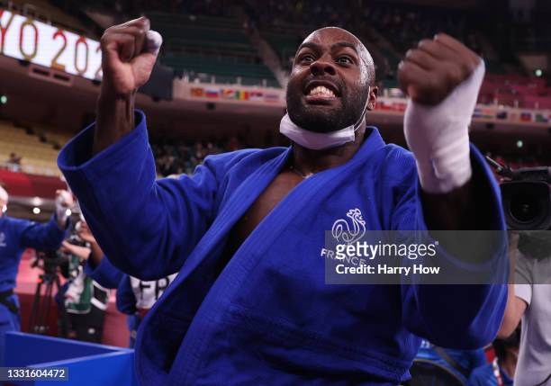 Teddy Riner of Team France celebrates victory over Team Japan during the Mixed Team Final to claim the gold medal on day eight of the Tokyo 2020...