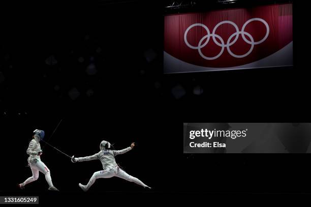 Irene Vecchi of Team Italy competes against Jiyeon Kim of Team Republic of Korea during the Women's Sabre Team Fencing Bronze Medal Match on day...