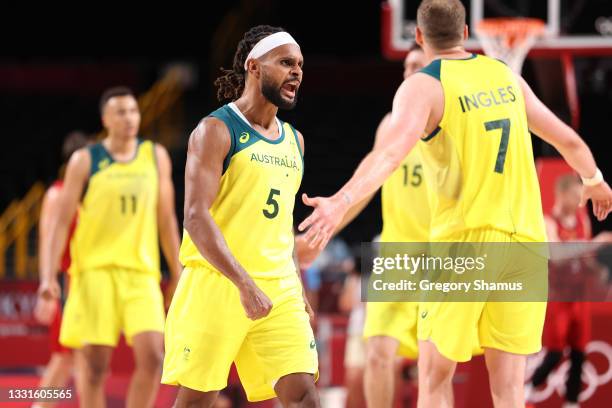 Patty Mills of Team Australia celebrates during Australia's Men's Basketball Preliminary Round Group B game against Germany on day eight of the Tokyo...