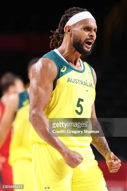 Patty Mills of Team Australia celebrates during Australia's Men's Basketball Preliminary Round Group B game against Germany on day eight of the Tokyo...