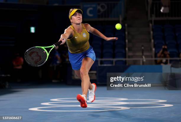 Elina Svitolina of Team Ukraine plays a forehand during her Women's Singles Bronze Medal match against Elena Rybakina of Team Kazakhstan on day eight...