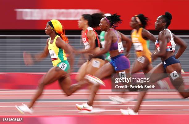 Shelly-Ann Fraser-Pryce of Team Jamaica leads her Women's 100m Semi-Final field on day eight of the Tokyo 2020 Olympic Games at Olympic Stadium on...