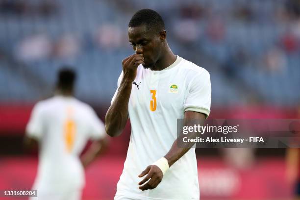 Eric Bailly of Team Ivory Coast looks dejected following defeat in the Men's Quarter Final match between Spain and Cote d'Ivoire on day eight of the...