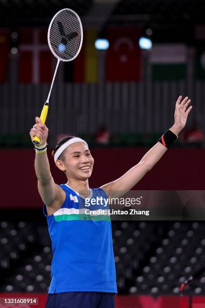 Tai Tzu-ying of Team Chinese Taipei celebrates as she wins against Pusarla V. Sindhu of Team India during a Women's Singles Semi-final match on day...
