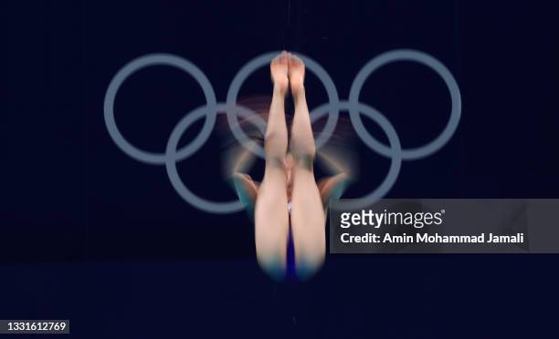 An athlete in action during training diving on Tokyo Aquatics Centre on July 31, 2021 in Tokyo, Japan.