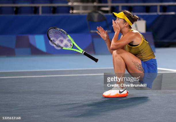 Elina Svitolina of Team Ukraine celebrates victory in her Women's Singles Bronze Medal match against Elena Rybakina of Team Kazakhstan on day eight...